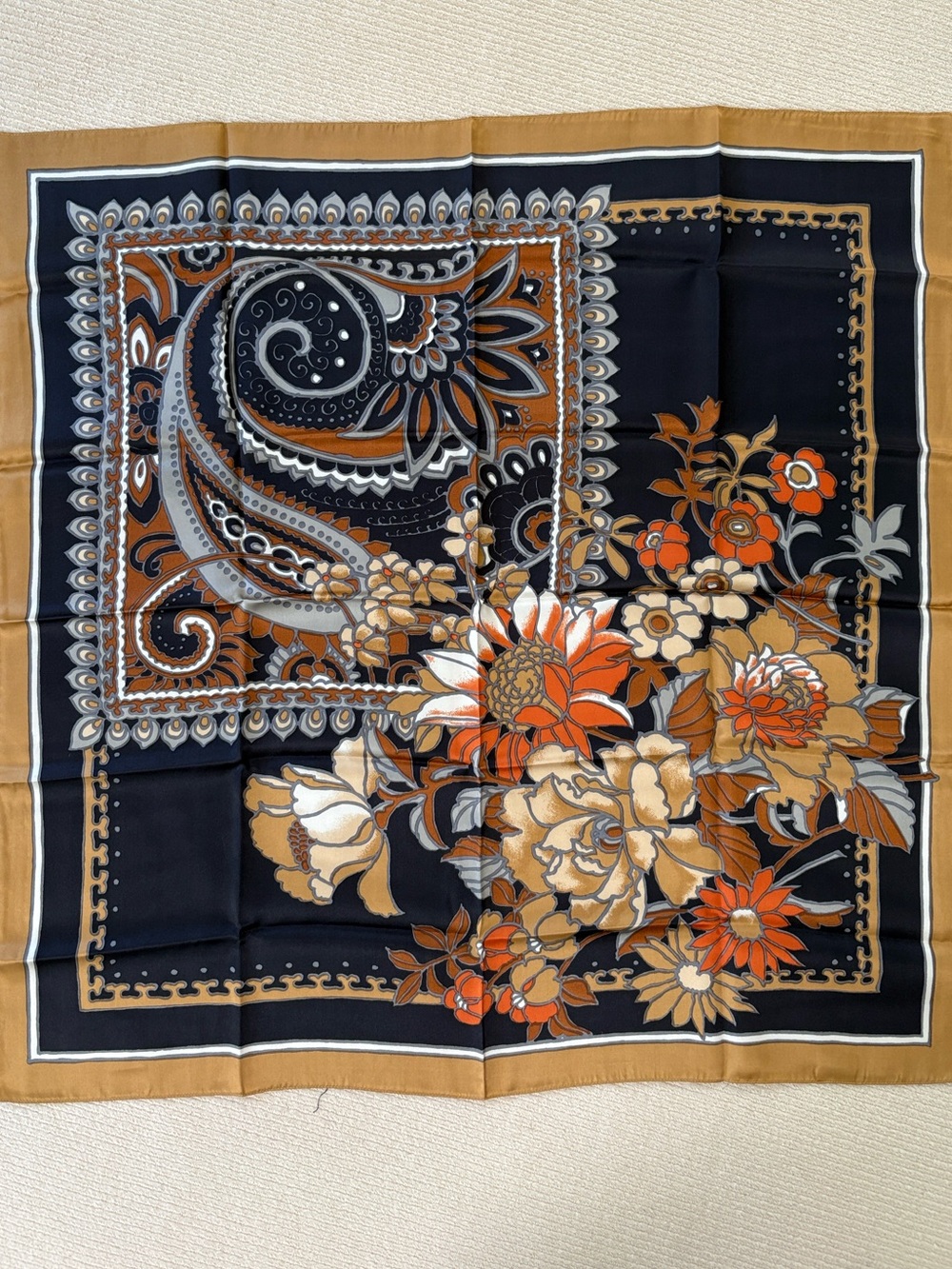 Floral Paisley Silk Scarf in Navy, Rust & Tan